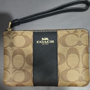 Coach Brown Signature Canvas Wristlet with Black Stripe
